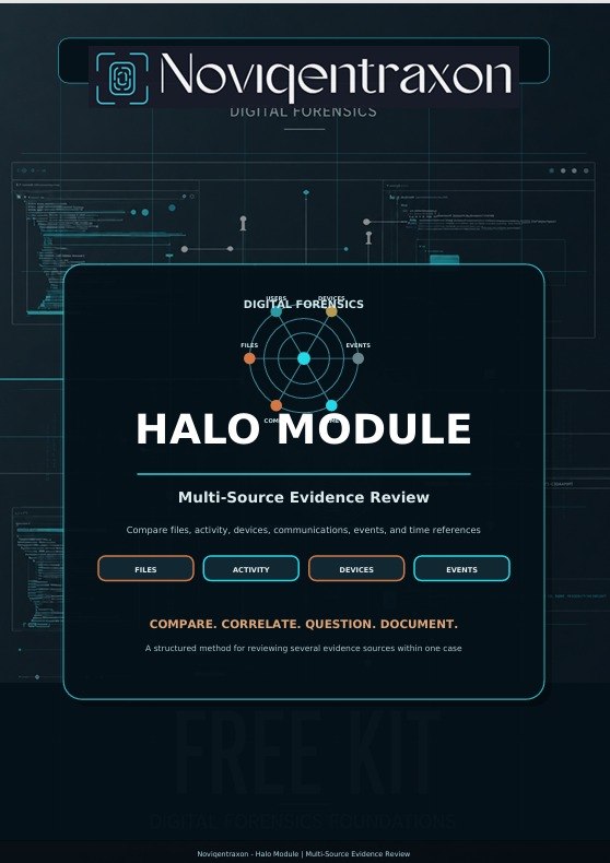 A digital cover or promotional graphic for the 'Halo Module' by Noviqentraxon and Digital Forensics. The design features a dark navy and black background with subtle tech schematics, a central rounded black card displaying the title 'HALO MODULE' in white, and four feature buttons for files, activity, devices, and events.