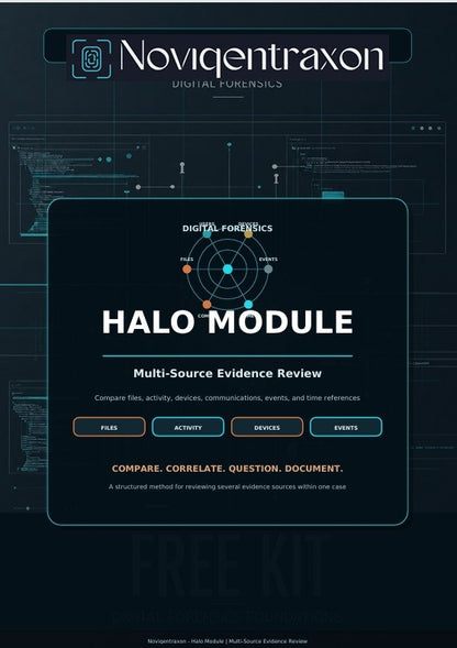 A digital cover or promotional graphic for the 'Halo Module' by Noviqentraxon and Digital Forensics. The design features a dark navy and black background with subtle tech schematics, a central rounded black card displaying the title 'HALO MODULE' in white, and four feature buttons for files, activity, devices, and events.