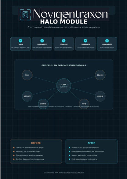 A dark navy and black infographic poster titled 'Novigentraxon HALO MODULE' with diagrams, icons, and text blocks explaining a case review or evidence picture process. The layout includes a central circular flow diagram and two comparison boxes labeled BEFORE and AFTER.
