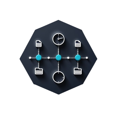 A digital vector graphic showing a workflow or process flowchart on a dark charcoal hexagonal background. The design features white icons for documents, a clock, and folders connected by dotted lines with bright teal circular nodes.