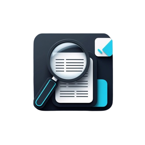A stylized digital icon showing a magnifying glass over a document with text lines, on a rounded dark square background with a small white and blue badge in the upper right, isolated on a light gray field.