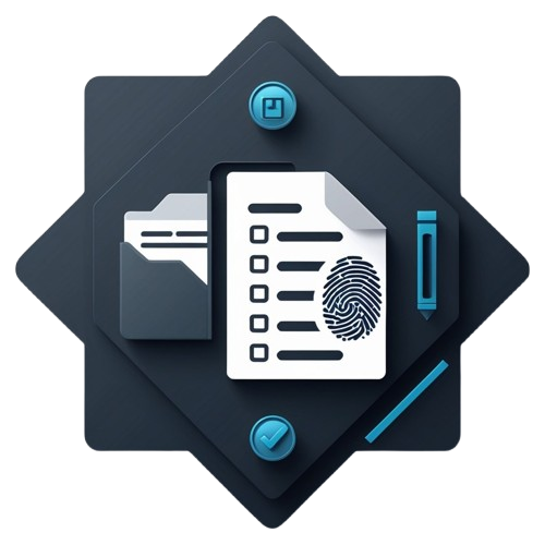 A stylized digital icon showing a dark blue-gray badge or card with a white document, checklist, fingerprint, folder, pencil, and blue circular accents on a plain white background.