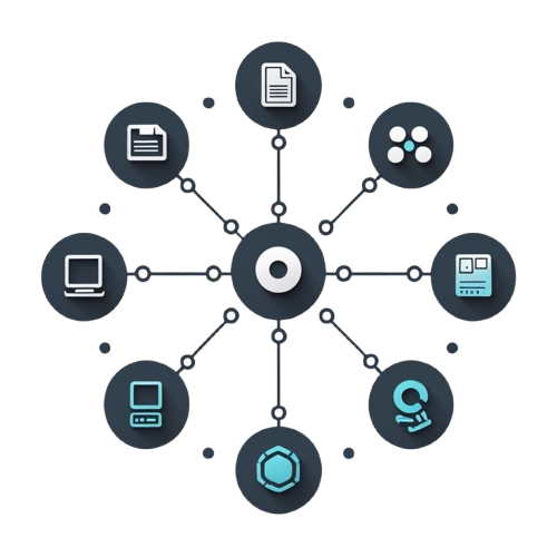 A digital vector graphic showing a central hub with eight surrounding circular nodes connected by lines, each containing a different technology or software icon on a white background.