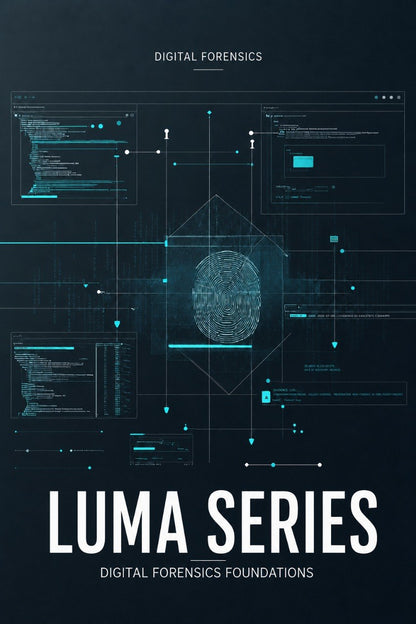 A dark digital cover design with a fingerprint graphic in the center, surrounded by glowing cyan interface lines and panels. Large white text at the bottom reads 'LUMA SERIES' with smaller text above and below reading 'DIGITAL FORENSICS' and 'DIGITAL FORENSICS FOUNDATIONS'.