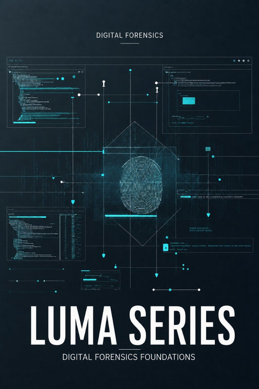 A dark digital cover design with a fingerprint graphic in the center, surrounded by glowing cyan interface lines and panels. Large white text at the bottom reads 'LUMA SERIES' with smaller text above and below reading 'DIGITAL FORENSICS' and 'DIGITAL FORENSICS FOUNDATIONS'.