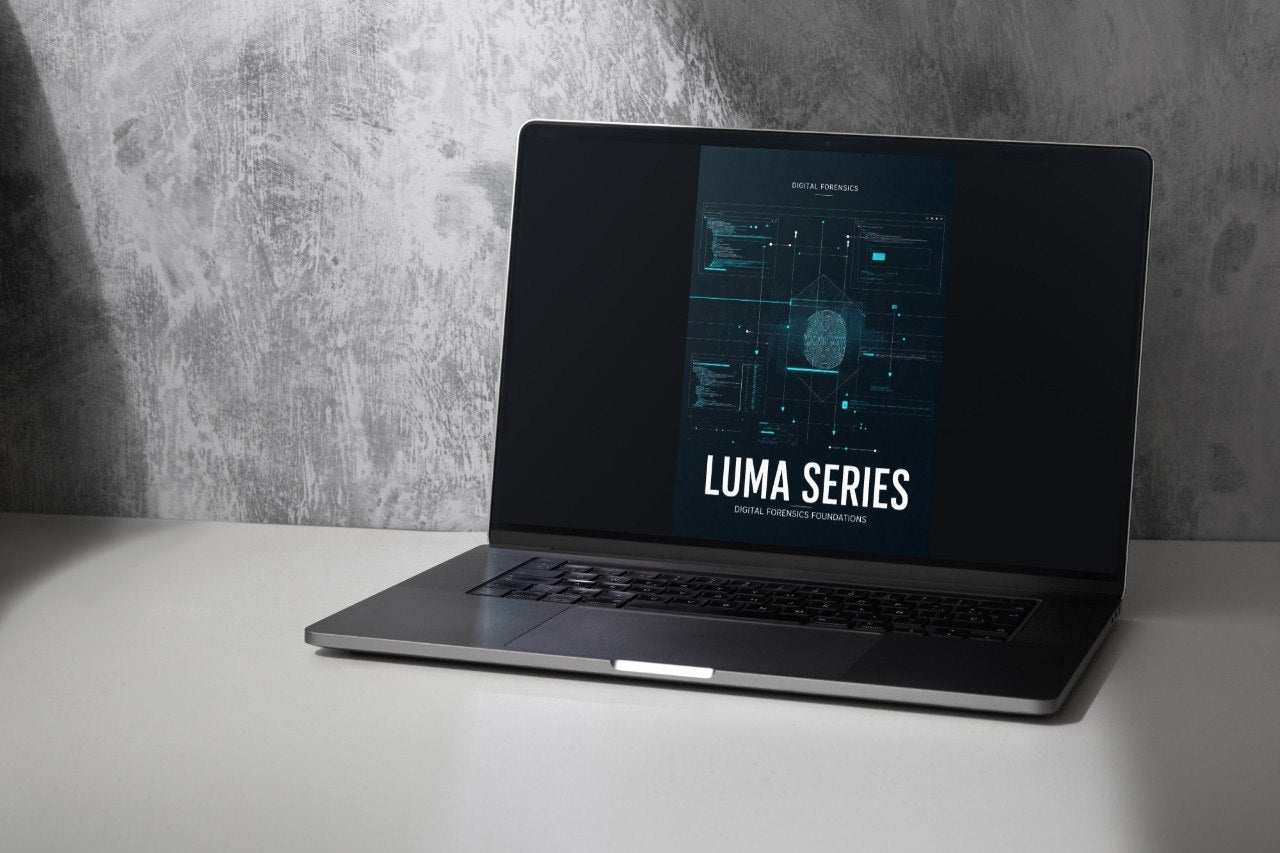 A dark gray laptop sits open on a white surface against a textured gray wall, with the screen displaying a futuristic blue interface and the text 'LUMA SERIES'.