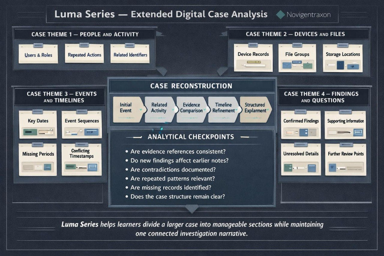 An educational infographic diagram titled 'Case Investigation' on a dark textured background, showing digital relationship mapping concepts with boxes for Users, Devices, Files, Accounts, Events, Timestamps, and Locations connected to a central oval. A legend at the bottom explains relationship types, and a 'Relationship Review Questions' box appears on the left.