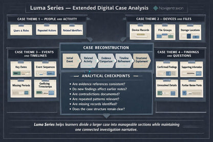 An educational infographic diagram titled 'Case Investigation' on a dark textured background, showing digital relationship mapping concepts with boxes for Users, Devices, Files, Accounts, Events, Timestamps, and Locations connected to a central oval. A legend at the bottom explains relationship types, and a 'Relationship Review Questions' box appears on the left.