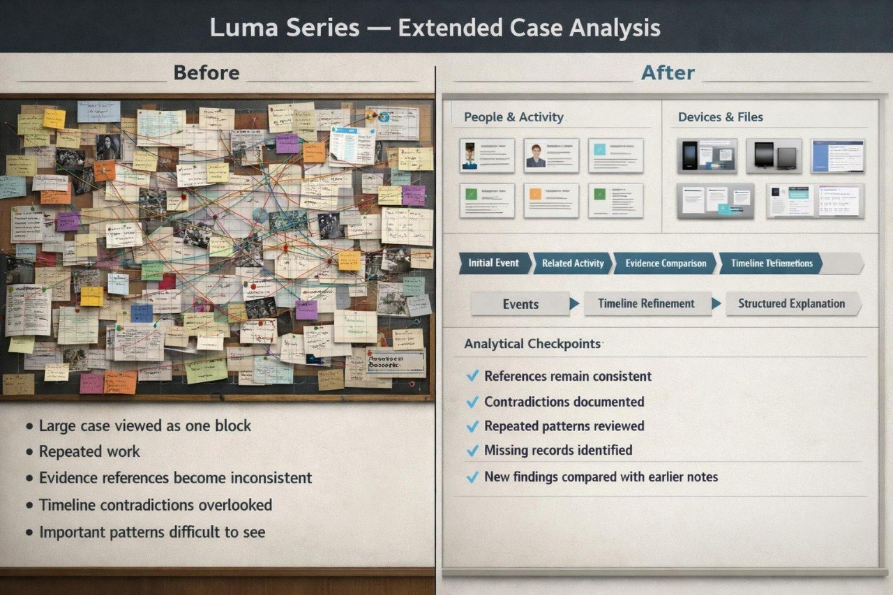 A presentation slide titled 'Luma Series — Extended Case Analysis' comparing a 'Before' case with an 'After' case. The left 'Before' section shows a dense, cluttered case file wall with many documents and notes.