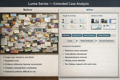 A presentation slide titled 'Luma Series — Extended Case Analysis' comparing a 'Before' case with an 'After' case. The left 'Before' section shows a dense, cluttered case file wall with many documents and notes.