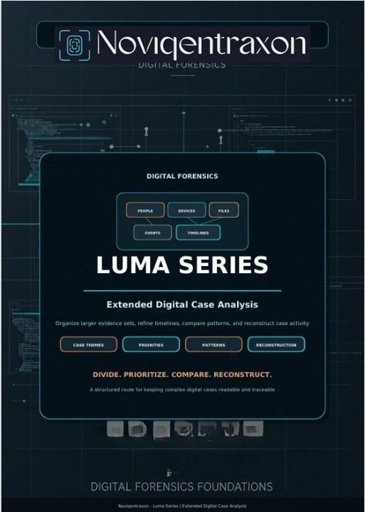 A digital cover or promotional graphic for the Novigentraxon Luma Series Extended Digital Case Analysis, featuring a dark navy and black interface design with white and light blue text and UI elements.