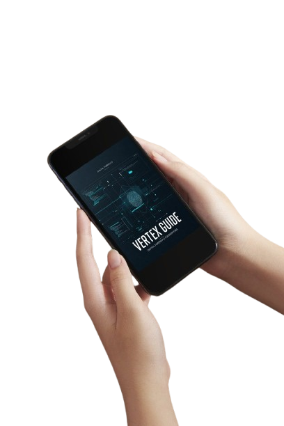 A person holding a black smartphone against a white background. The phone screen displays a dark digital interface with the text 'VERTEX GUIDE' and futuristic interface graphics.