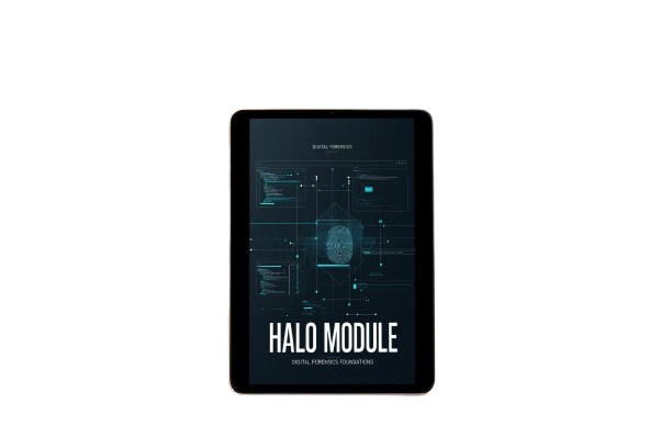 A black tablet device centered on a white background, displaying a futuristic dark interface with blue lines and the text 'HALO MODULE' on the screen.