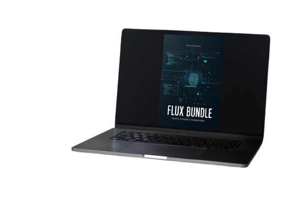An open dark gray laptop on a white background, displaying a digital cover titled 'FLUX BUNDLE' with a futuristic blue and black interface.