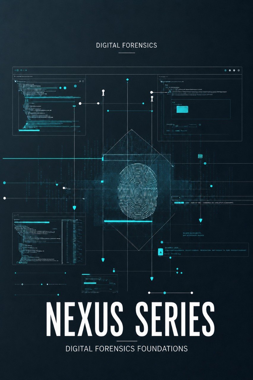 A dark digital poster or cover design with the title 'NEXUS SERIES' in large white text at the bottom, 'DIGITAL FORENSICS' at the top, and 'DIGITAL FORENSICS FOUNDATIONS' underneath. The center shows a stylized fingerprint icon surrounded by glowing cyan interface lines and panels on a dark navy background.
