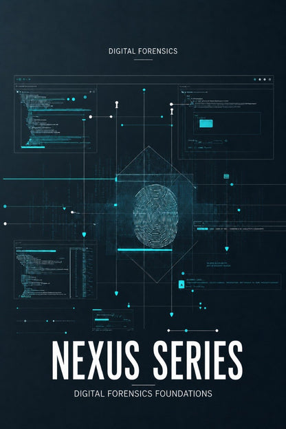 A dark digital poster or cover design with the title 'NEXUS SERIES' in large white text at the bottom, 'DIGITAL FORENSICS' at the top, and 'DIGITAL FORENSICS FOUNDATIONS' underneath. The center shows a stylized fingerprint icon surrounded by glowing cyan interface lines and panels on a dark navy background.