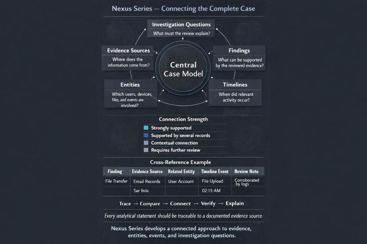 A dark charcoal presentation slide or poster outlining the 'Nexus Series - Connecting the Complete Case' model. The diagram features a central circular 'Central Case Model' surrounded by connected sections for 'Evidence Sources', 'Entities', 'Findings', and 'Timelines', with bullet points and cross-reference examples below.