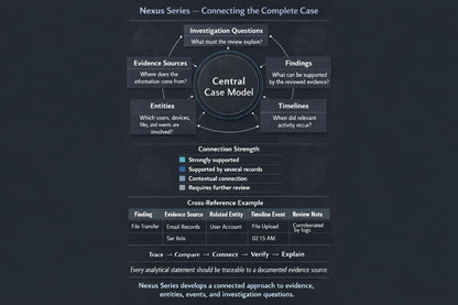 A dark charcoal presentation slide or poster outlining the 'Nexus Series - Connecting the Complete Case' model. The diagram features a central circular 'Central Case Model' surrounded by connected sections for 'Evidence Sources', 'Entities', 'Findings', and 'Timelines', with bullet points and cross-reference examples below.