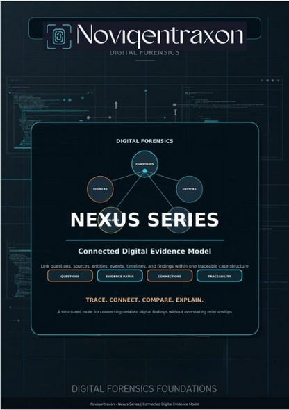 A digital cover or promotional graphic for the Noviqentraxon Nexus Series, featuring a dark blue and black tech-themed background with a central rounded panel titled 'Nexus Series' and text about a connected digital evidence model.
