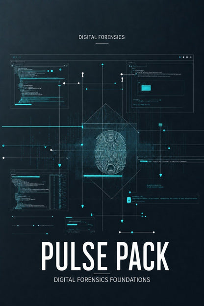 A digital cover or poster for a 'Pulse Pack' digital forensics foundation product, featuring a dark navy background with glowing cyan and white futuristic interface graphics, including a central fingerprint pattern and text reading 'DIGITAL FORENSICS' and 'PULSE PACK'.