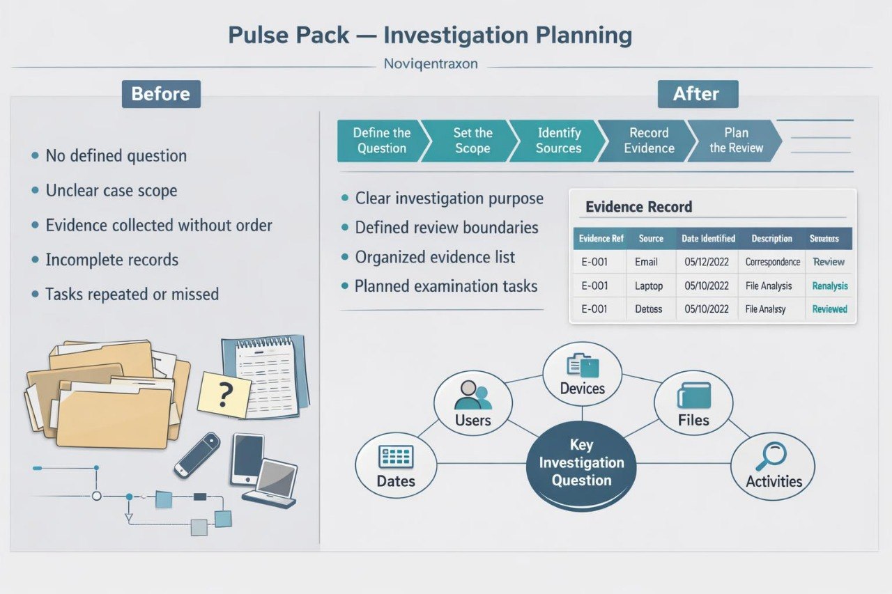 A presentation slide titled 'Pulse Pack — Investigation Planning' for Noviqventraon, showing a before-and-after comparison of investigation planning workflows with icons, text lists, and a key investigation question diagram.