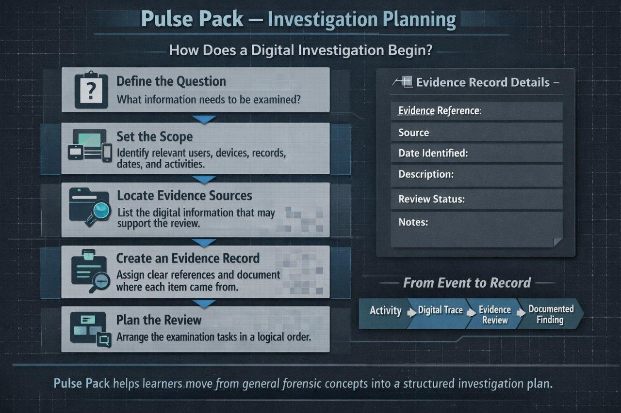 A digital infographic titled 'Pulse Pack - Investigation Planning' showing a step-by-step guide on how a digital investigation begins, with boxes outlining steps like defining the question, setting the scope, locating evidence sources, creating an evidence record, and planning the review. It includes a sidebar for evidence record details and a footer stating 'Pulse Pack helps learners move from general forensic concepts into a structured investigation plan.