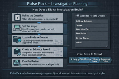 A digital infographic titled 'Pulse Pack - Investigation Planning' showing a step-by-step guide on how a digital investigation begins, with boxes outlining steps like defining the question, setting the scope, locating evidence sources, creating an evidence record, and planning the review. It includes a sidebar for evidence record details and a footer stating 'Pulse Pack helps learners move from general forensic concepts into a structured investigation plan.
