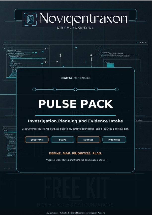 A promotional graphic for the Novigentraxon Digital Forensics Pulse Pack, featuring a dark blue and black background with digital interface graphics and white text.