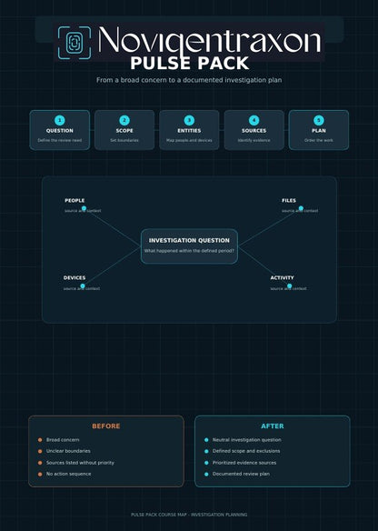 An infographic-style product cover for the 'Novigentraxon Pulse Pack' showing investigation planning content. The design has a dark navy and black grid background with white and teal text and icons, including sections labeled Question, Scope, Entries, Sources, Plan, People, Files, Activity, Before, and After.