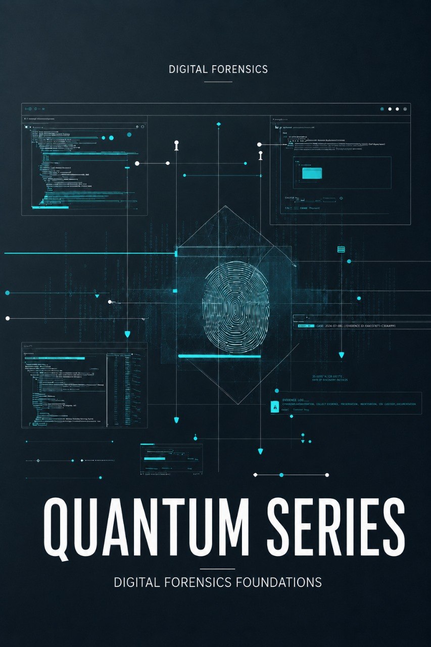 A dark digital poster or cover design with the title 'DIGITAL FORENSICS' at the top, a central fingerprint graphic surrounded by glowing cyan interface lines and panels, and large text reading 'QUANTUM SERIES' with smaller 'DIGITAL FORENSICS FOUNDATIONS' below.
