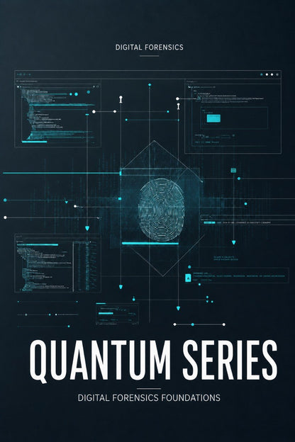 A dark digital poster or cover design with the title 'DIGITAL FORENSICS' at the top, a central fingerprint graphic surrounded by glowing cyan interface lines and panels, and large text reading 'QUANTUM SERIES' with smaller 'DIGITAL FORENSICS FOUNDATIONS' below.