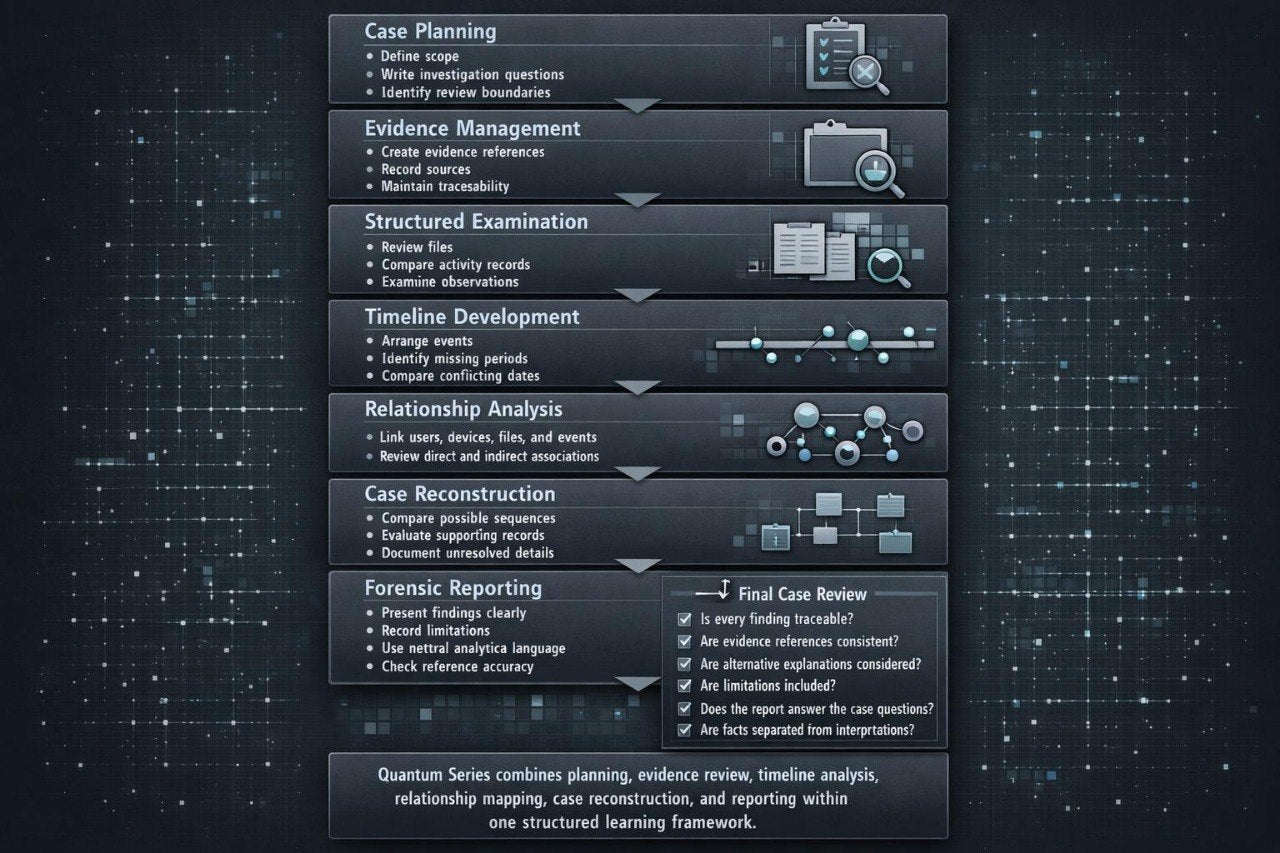 A dark digital infographic outlining a structured case investigation workflow with labeled stages such as case planning, evidence management, structured examination, timeline development, relationship analysis, case reconstruction, and forensic reporting, plus a final case review box on the right.