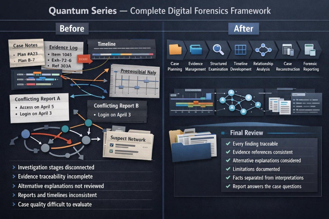 A dark presentation slide titled 'Quantum Series — Complete Digital Forensics Framework' comparing a 'Before' state with an 'After' state using various digital forensics tools and diagrams.