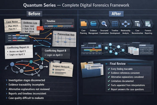 A dark presentation slide titled 'Quantum Series — Complete Digital Forensics Framework' comparing a 'Before' state with an 'After' state using various digital forensics tools and diagrams.