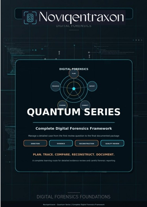 Digital cover for the Noviqentraxon Quantum Series digital forensics framework, featuring a dark blue and black futuristic interface design with white and light blue text and diagrams.