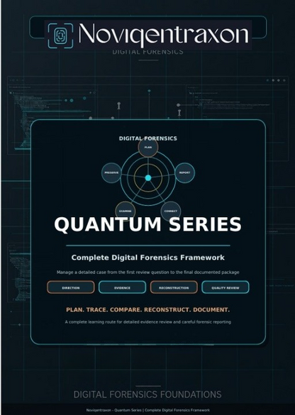 Digital cover for the Noviqentraxon Quantum Series digital forensics framework, featuring a dark blue and black futuristic interface design with white and light blue text and diagrams.
