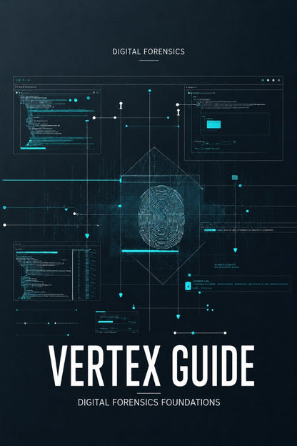 A book cover titled 'VERTEX GUIDE' with the subtitle 'DIGITAL FORENSICS FOUNDATIONS' on a dark navy background. The cover features a central fingerprint graphic surrounded by glowing cyan digital interface elements and boxes, with 'DIGITAL FORENSICS' at the top.