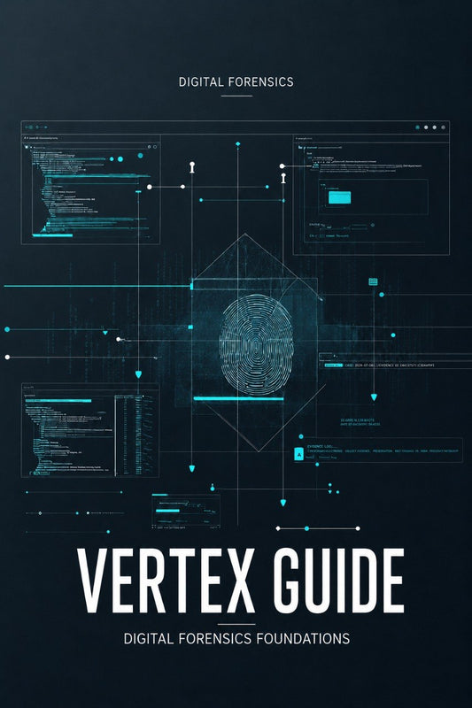 A book cover titled 'VERTEX GUIDE' with the subtitle 'DIGITAL FORENSICS FOUNDATIONS' on a dark navy background. The cover features a central fingerprint graphic surrounded by glowing cyan digital interface elements and boxes, with 'DIGITAL FORENSICS' at the top.