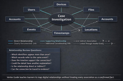 An educational infographic diagram titled 'Case Investigation' on a dark textured background, showing digital relationship mapping concepts with boxes for Users, Devices, Files, Accounts, Events, Timestamps, and Locations connected to a central oval. A legend at the bottom explains relationship types, and a 'Relationship Review Questions' box appears on the left.