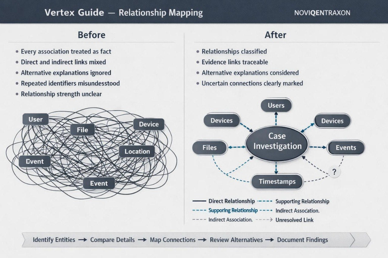 A presentation slide titled 'Vertex Guide - Relationship Mapping' by NoviQentraxon, comparing a messy 'Before' relationship diagram with a structured 'After' case investigation diagram.