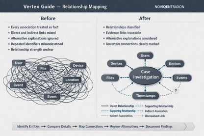 A presentation slide titled 'Vertex Guide - Relationship Mapping' by NoviQentraxon, comparing a messy 'Before' relationship diagram with a structured 'After' case investigation diagram.