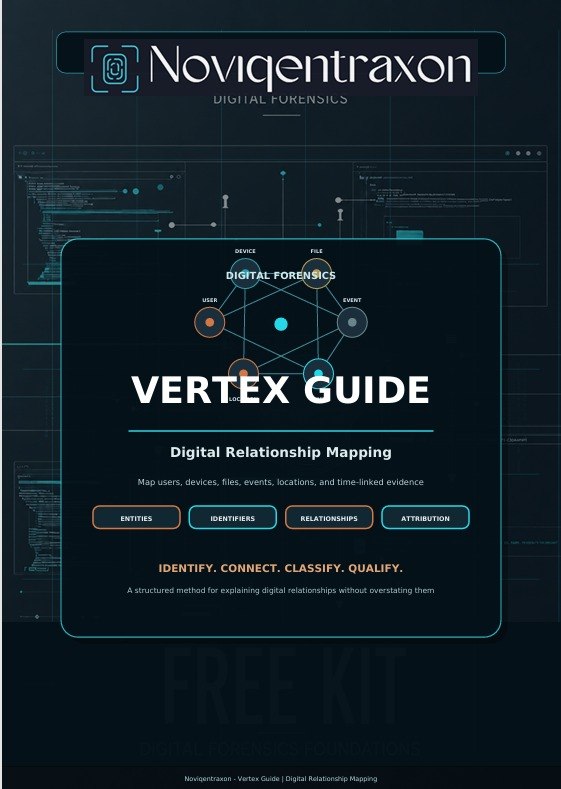 A digital cover for the Novigentraxon Vertex Guide, a digital relationship mapping course. The design features a dark navy and black background with subtle tech schematics, a central rounded rectangular card with white and light blue text, and the Novigentraxon brand logo at the top.