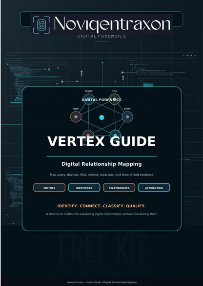 A digital cover for the Novigentraxon Vertex Guide, a digital relationship mapping course. The design features a dark navy and black background with subtle tech schematics, a central rounded rectangular card with white and light blue text, and the Novigentraxon brand logo at the top.
