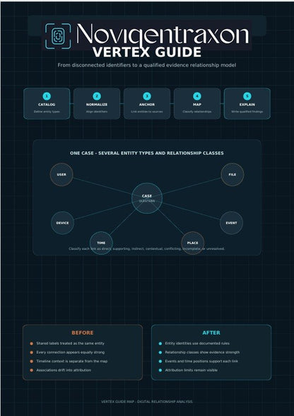 A dark navy digital infographic titled 'Novigentraxon VERTEX GUIDE' with labeled relationship diagram elements, before/after notes, and a grid background.